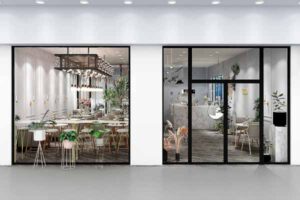 Drehtür in Kombination mit einem Panoramafenster